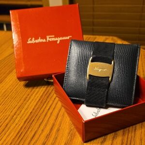 Salvatore Ferragamo Navy Wallet with Gold Buckle